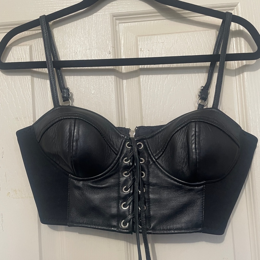 Vintage Genuine Black Leather Biker Corset Lace Up Front Bustier Bra Top Small